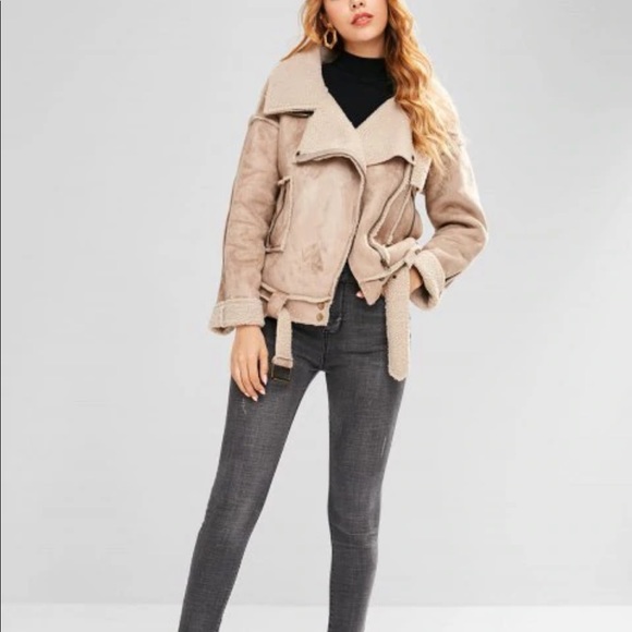 NEW - Faux Suede Belted Pocket Coat - Light Khaki - Picture 3 of 8